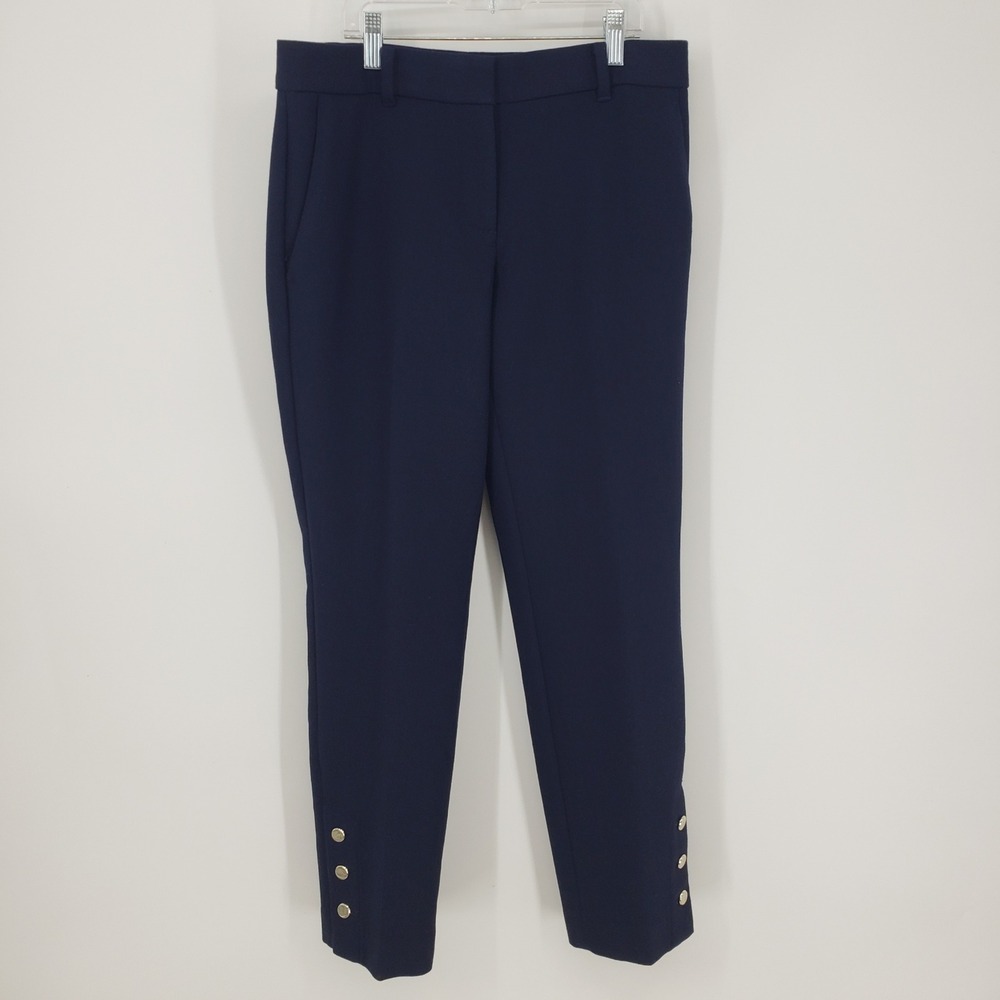 Ann Taylor Curvy Fit Ankle Dress Pants Gold Button Detail Size 2 Navy Blue Work